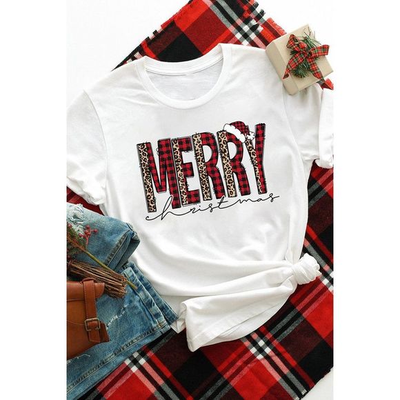 Azura Exchange  White Plaid Leopard MERRY Christmas Print T Shirt - Picture 1 of 15